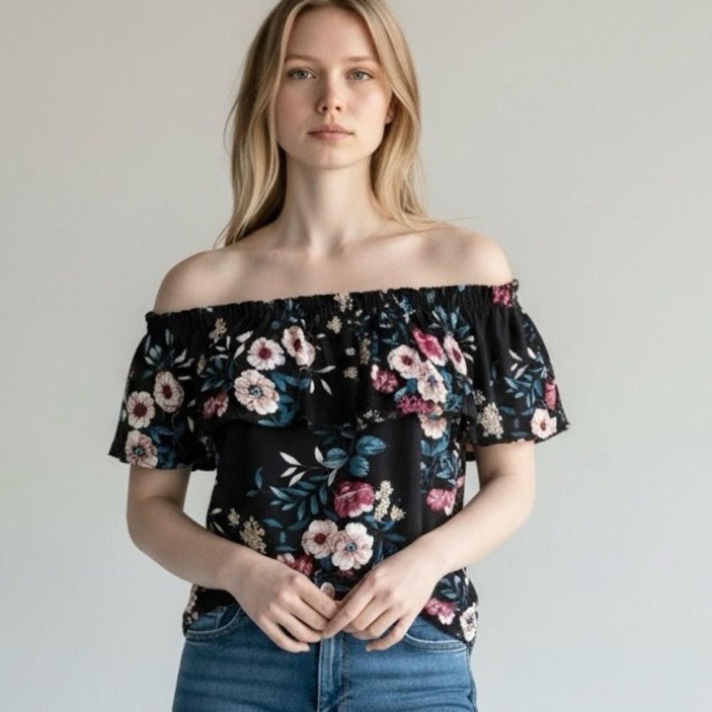 Black & Pink Floral Off Shoulder Top S M L